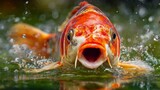 Majestic Koi Fish Breaking Surface in Pond, Detailed Close-Up with Water Splashes and Vibrant Colors Captured in a Serene Natural Environment