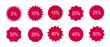 © Hanna - Circle sticker with percent discount from 5 to 50. Set of wavy edge promo red badges. Star burst shape featuring sale tags.Vintage price drop labels stickers. Promotional flat icons. Simple silhouette