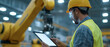 © A2Z AI  - Industrial worker in hard hat using a tablet at a factory with robots. He is wearing safety glasses and a yellow reflective vest to ensure safety standards. #automation #technology