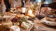 © Formoney - Friends gather around a beautifully arranged table with an assortment of cheeses fruits and a glass of red wine being poured creating a warm inviting atmosphere.