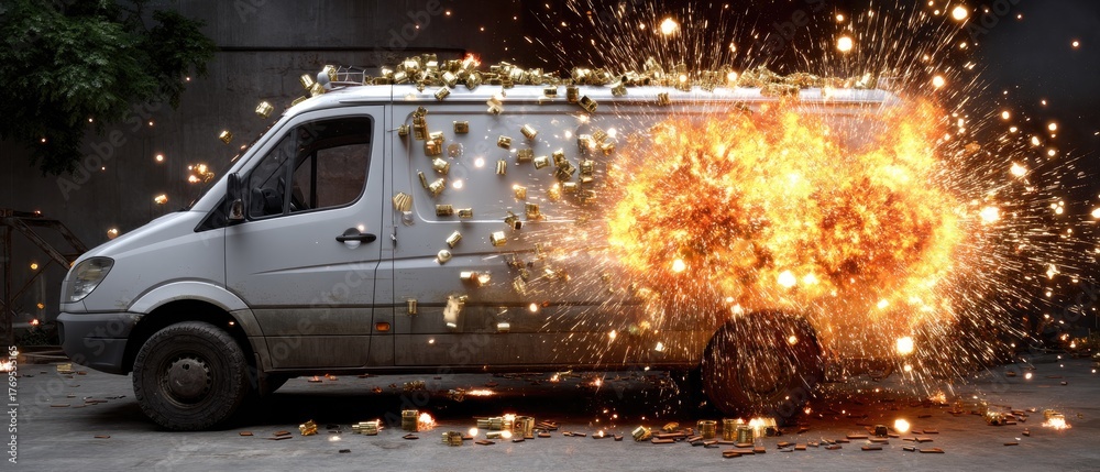 Unplanned explosion occurs as a delivery van erupts with bright flames ...