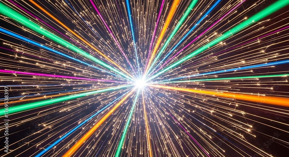 Bright colorful light streaks and sparks radiating from a central point ...