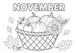 © PDWN Creative - Autumn Harvest Basket Coloring Page A delightful November illustration for kids and adults, featuring pumpkins, apples, and fall leaves for creative seasonal fun