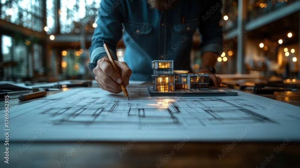 Architect sketching an ultra-modern building design on a large drafting ...