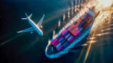 Airplane flying above a colorful cargo ship at sea during golden sunset light