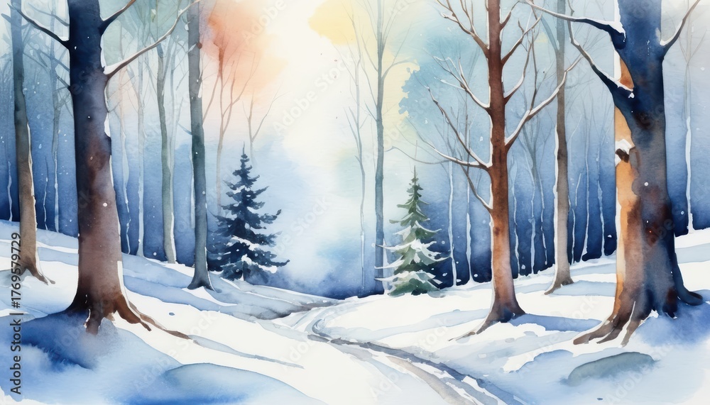Watercolor painting of a snowy forest path winding through bare trees ...