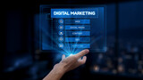 A futuristic hand displaying a digital marketing dashboard featuring key elements like web, social media, content, SEO, and advertising strategies for businesses. Synapse