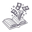 © MdRasel - Hand-drawn line art depicting an open book with dollar banknotes and sparkling stars flying out, symbolizing the power of education, knowledge, and ideas to generate wealth and financial success