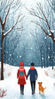 © AIRina - Couple holding hands while walking with dog in snowy winter forest
