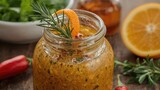 Selective focus on a glass jar containing salad dressing made with olive oil, orange juice, chili, and herbs.