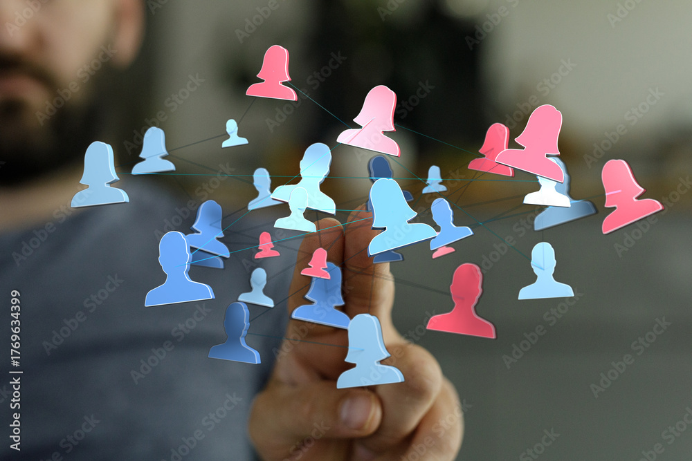 Visual of a person interacting with digital network. Represents ...