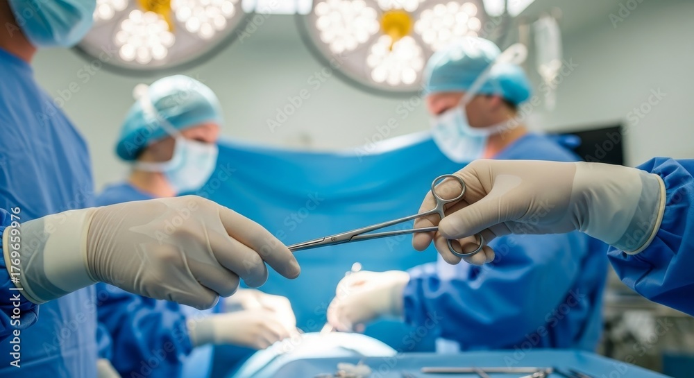 Surgeon Receiving Surgical Scissors in Operating Room Medical Teamwork ...