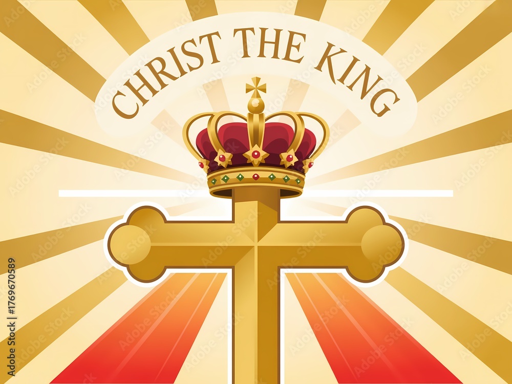 Golden christ the king cross with regal crown and radiant sunburst ...