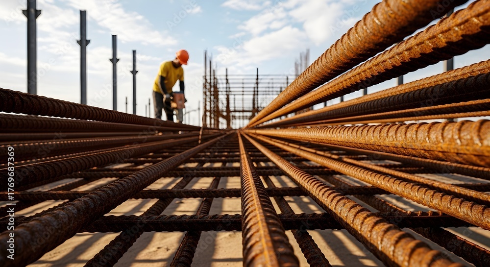 Construction Worker Securing Rebar on-site with Steel Rods for ...
