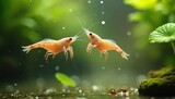 Two orange shrimp swim in murky pond water. Aquatic crustaceans have long antennae and legs. Green plant leaves float on surface. Bubbles rise near algae covered rocks.