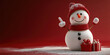 © syhin_stas - funny cheerful snowman in santa hat Christmas character with surprise face pointing finger to the side, 3d illustration, playful holiday pose, isolated on red background with copy space