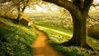 © Tarinee - Peaceful countryside landscape featuring wooden home dirt path and flower meadow under golden morning light
