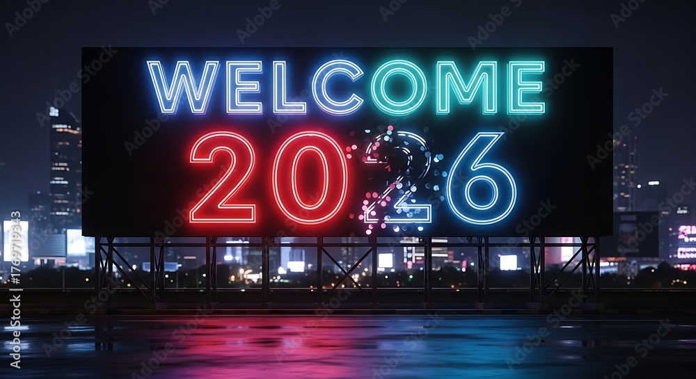 Welcome 2026 new year neon billboard sign at night with city skyline ...