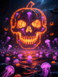 © Elina - Halloween. Spooky Halloween-themed illustration featuring a glowing skull made of pumpkin vines, surrounded by floating jellyfish and eerie pumpkins in a dark, mystical atmosphere