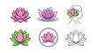 © Jarvis - Collection of stylized lotus flowers in various designs and colors, including a lotus in water with splashes, a lotus within a silhouette of a woman's head, a lotus in a circle, and a simple outline