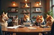© Pete - Dog and cats wearing suits attend business meeting. Animals sit around table in office, one dog uses laptop. Teamwork concept, office humor, anthropomorphic pets.