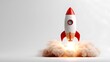 © oksanatukane - Rocket taking off on a white background. 3D rendering. Start-up concept. Copy space. toy spaceship