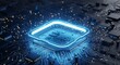 © MSTSULTANA - Closeup of a glowing blue computer processor chip on a circuit board