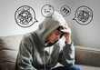 © Praewphan - Teenager issue, Confused messed up thoughts bubble line art icon set. Sad depressed mental state before therapy, brain overthinking in teenager concept.