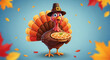 © PhotoArtHub - Cartoon turkey in pilgrim hat holds pie, digital art. Represents Thanksgiving celebration, fall harvest season, and festive mood, cheerful illustration