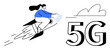 © robu_s - Woman riding a rocket as clouds and 5G emphasize speed, connectivity, and futuristic advancement. Ideal for technology, innovation, speed, communication, mobile networking, internet digitalization