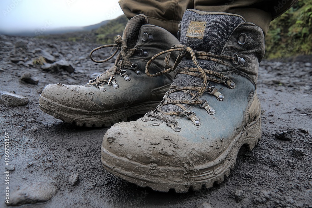 Hiking Boots Covered in Mud After a Long Walk on a Trail at Mount ...