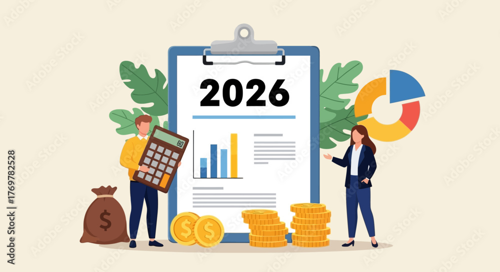 Financial planning for the year 2026 with growth charts, coins and ...