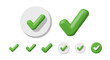 © Emma - Set of three-dimensional green checkmarks in various sizes and styles, including a large checkmark, a checkmark within a white circle, and smaller checkmarks, symbolizing confirmation, approval, and