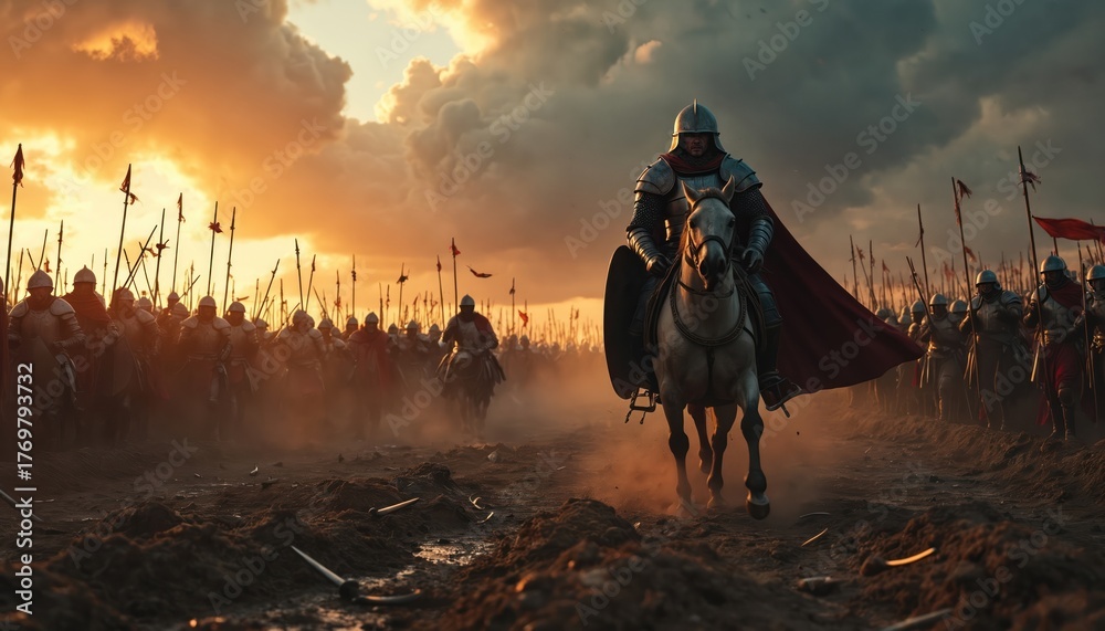 Armored knight rides white horse on a muddy battlefield with shield and ...