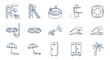 © Charlotte - Collection of thin line icons representing water park and aquapark elements, including water slides, swimming pool, diving board, lifebuoy, snorkel, goggles, waves, beach umbrella, sun lounger