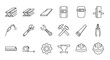 © Charlotte - A comprehensive set of clean, editable line icons representing steel and metalworking, featuring essential tools and materials like I-beams, metal sheets, welding equipment, wrenches, hammers, saws