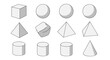 © Juan - A collection of basic geometric shapes, including a cube, spheres, pyramids, cylinders, and a cone, presented in a clean, organized layout with a white background, showcasing different angles and