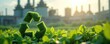 © Pete - Green recycle symbol on plants with industry background presents eco aware manufacturing. Embodies renewability, green power innovation. Circular economy concept for clean tech, environmental