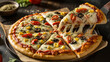 © Muhammad - A fresh cheesy pizza slice with olives and tomatoes being lifted with a spatula on a rustic wooden table