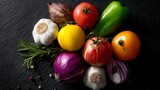 Top view of fresh colorful vegetables and herbs for cooking, recipe content or organic food presentation