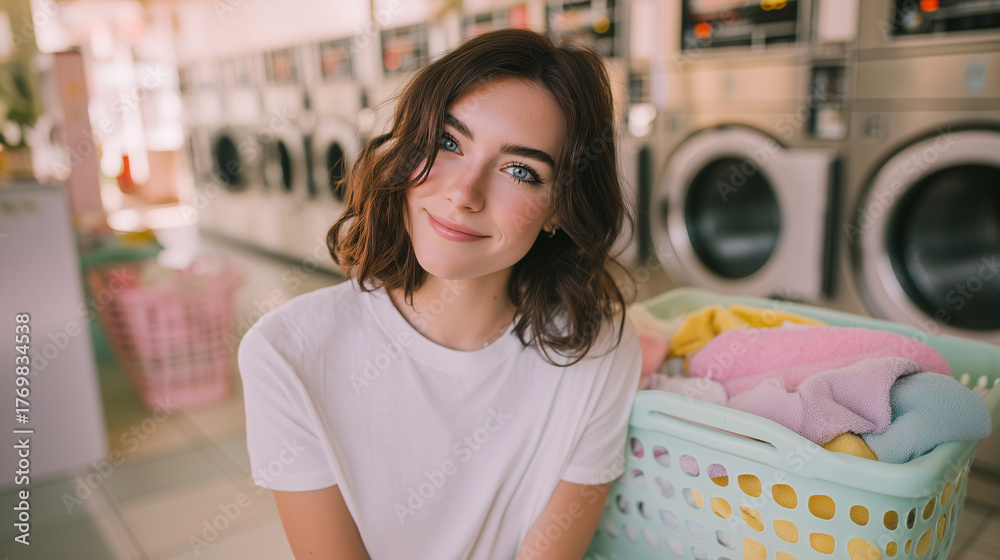 happy woman in white shirt posing in laundromat with pastel laundry ...