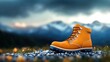 © Liudmyla - Hiking boot standing on gravel path with distant snow capped mountains under cloudy sky, copy space