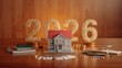© Alexander - A miniature house sits on a desk surrounded by money, notebooks, and pens and with golden 2026 lettering on back. Concept of real estate investment, homeownership, or financial planning.