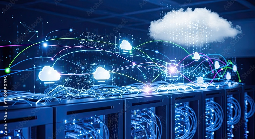 Dynamic cloud computing network visualization with servers, perfect for ...
