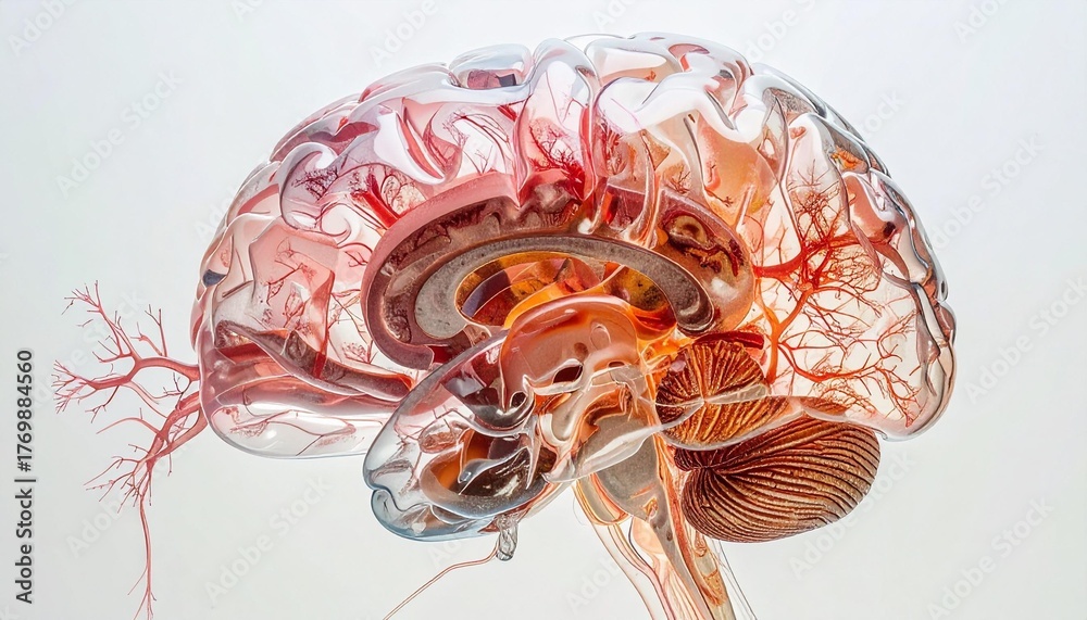 Translucent Brain Model The image features a detailed anatomical model of a human brain in ...