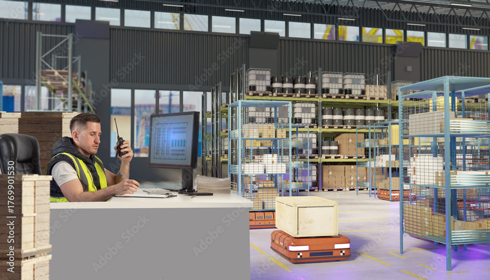 Storage System Operator Warehouse operator in safety vest monitors automated robots moving ...