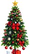 © Segoo - A fully decorated, festive evergreen, topped with a golden star, featuring red bows, ornaments, and garlands. Presents at the base
