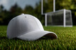© HA - Crisp white baseball cap rests on vibrant green grass near a soccer net, perfect for athletic wear campaigns