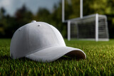 Crisp white baseball cap rests on vibrant green grass near a soccer net, perfect for athletic wear campaigns