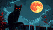 © Yovio - Panoramic comic horror artwork of a black cat with glowing red eyes sitting on a fence